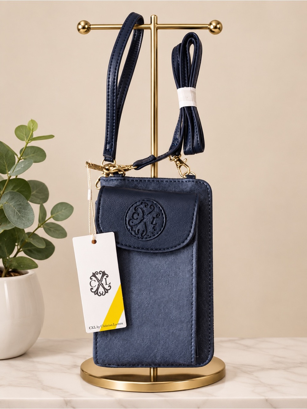 Christian Lacroix Navy Blue Crossbody Phone Pouch/Wallet with Silver Hardware- N